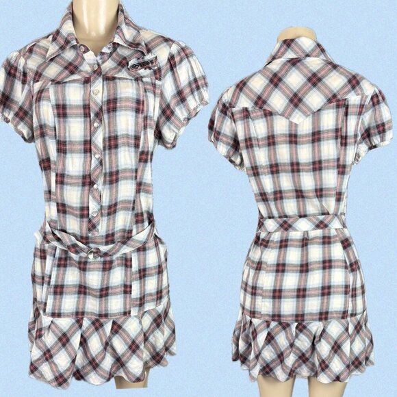 Guess L Blue Plaid Snap Front Logo Collar Belted Ruffle Hem Short Sleeve Dress - Picture 1 of 6